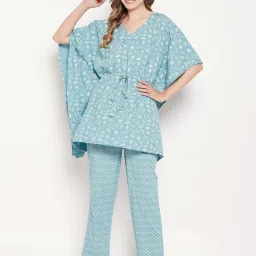 Clovia Blue Cotton Regular Fit Printed Top & Pyjama Set image 3
