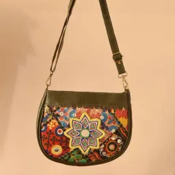 Jaypore Olive Green Embroidered Medium Leather Cross Body Bag-picture-22