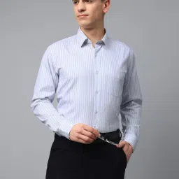 English Navy White Blended Slim Fit Stripes Formal Shirts-picture-45