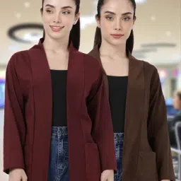 Kryptic Burgundy and Dark Brown Cotton Solid Open Front Shrug with Pockets, Pack of 2-picture-16