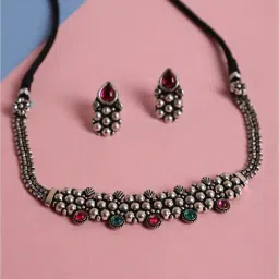 Aatmana Silver-Toned Oxidized Pink & Green Stone Studded Peacock Necklace Set-image-0