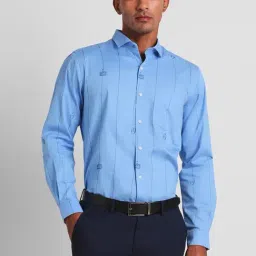 Peter England Blue Cotton Slim Fit Striped Shirt-picture-18
