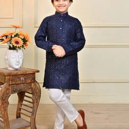 Ahhaaaa Kids Navy & White Embellished Full Sleeves Kurta With Pyjamas-picture-18