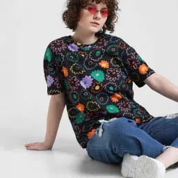 Only Black Cotton Floral Print T-Shirt-image-48