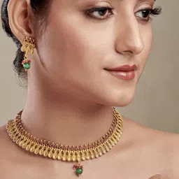 festivjewelleryze Gold Plated Stones Studded & Beaded Jewellery Set-image-3