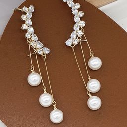 VAGHBHATT Korean Gold-Plated Artificial Stones Studded & Pearls Beaded Tasselled Ear Cuff-picture-42