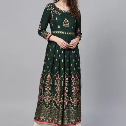 Ishin Bottle Green Floral Print A Line Kurta-image-32