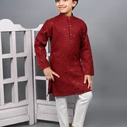 Ahhaaaa Kids Maroon & White Embellished Full Sleeves Kurta With Pyjamas image 4