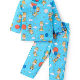 Babyhug Cotton Knit Full Sleeves Night Suit With Giraffe Print - Blue-picture-24