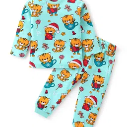Babyhug Cotton Knit Full Sleeves Night Suit With Tiger Print - Aqua Blue-image-79