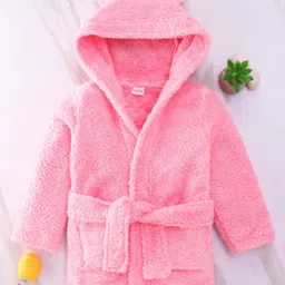 Babyhug Velour  Knit Full Sleeves Hooded Bath Robe With Ear Flaps - Pink-image-47