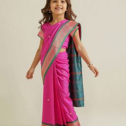 Babyhug Silk Woven Half Sleeves Blouse & Saree with Zari Border - Dark Pink-picture-28