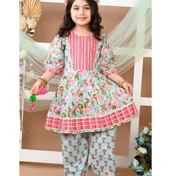 LIL PITAARA Pure Cotton Three Fourth Sleeves Floral Printed Gota Lace & Pompom Latkan Embellished Kurta & Coordinating Palazzo Set - Blue-picture-24