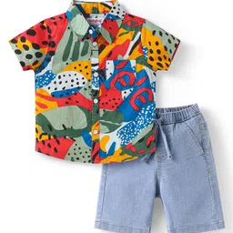 Babyhug Cotton Woven Half Sleeves Printed Shirt & Denim Shorts Set - Red & Blue-picture-34