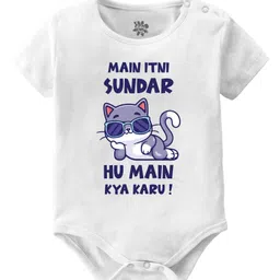 Baby Buzz 100% Cotton Half Sleeves Main Itni Sundar Hu Main Kya Karu Text Printed Onesie - White-picture-14