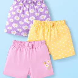 Babyhug Single Jersey Knit Mid Thigh Shorts with Polka Dot Floral Print & Bow Applique Pack Of 3 - Pink Purple & Yellow-picture-23