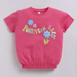 giniekids Cotton Blend Half Sleeves More Flowers Text Foil Printed Top - Cherry Pink-image-50