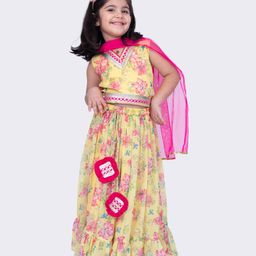 Twisha Georgette Sleeveless Floral Printed Lace & Tassels Embellished Lehenga Choli With Dupatta Set - Yellow-picture-14