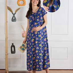 Bella Mama 100% Cotton Half Sleeves Floral Printed Concealed Zipper Nursing Nighty - Royal Blue-picture-15