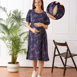 Bella Mama Woven Half Sleeves Floral Printed Maternity Dress - Navy Blue-picture-19