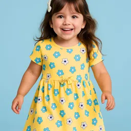 Doodle Poodle Single Jersey Knit Half Sleeves Frock With Floral Print & Bow Applique - Yellow-picture-15