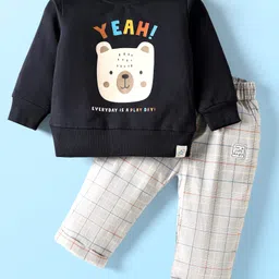 Ollypop Cotton Knit Full Sleeves T-Shirt & Checked Pant Set with Teddy Print - Navy Blue & Offwhite-picture-12