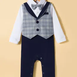 Mark & Mia Knit Full Sleeves Party Romper with Bow & Checks - Navy Blue-picture-38