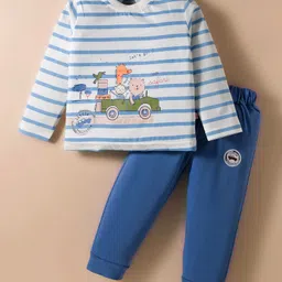 Mini Taurus Sinker Knit Full Sleeves T-Shirt & Lounge Pant Set With Animal & Vehicle Print - Blue-picture-12