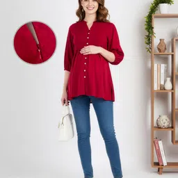 Bella Mama Woven Three Fourth Sleeves Solid Color Pleated Yoke Maternity Top - Maroon-picture-13