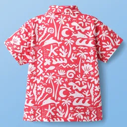 Pine Kids Single Jersey Knit Half Sleeves Co-ords Capri Night Suit With Tropical Theme Print - Red image 3