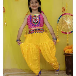 BownBee Pure Cotton Navratri Theme Sleeveless Floral Embroidered & Mirror Work Embellished Top With Kedia Dhoti Set - Yellow image 4