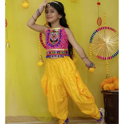 BownBee Pure Cotton Navratri Theme Sleeveless Floral Embroidered & Mirror Work Embellished Top With Kedia Dhoti Set - Yellow image 5