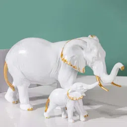 Nestasia Artisanal Resin Made White With Golden Detailing Mother Elephant With Baby Showpiece-image-2