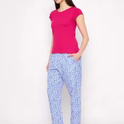 Clovia Pink & Blue Printed T-Shirt Pyjamas Set image 3