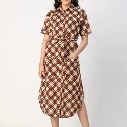 Moomaya Grey & Rust Cotton Checks Shirt Dress-image-13