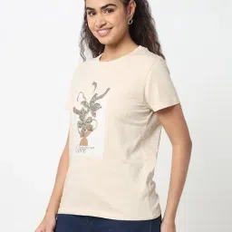 R&B Beige Cotton Graphic Print Relaxed Fit T-Shirt image 3