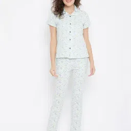 Clovia Blue & Off White Floral Print Shirt & Pyjama Set-image-93