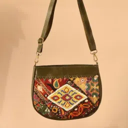 Jaypore Olive Green Embroidered Medium Leather Cross Body Bag-picture-29