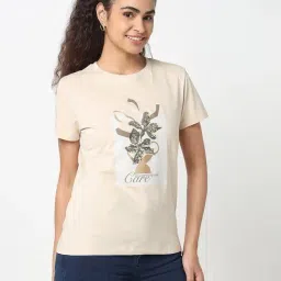 R&B Beige Cotton Graphic Print Relaxed Fit T-Shirt image 4