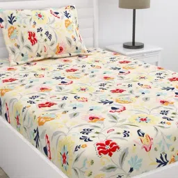 Haus & Kinder Yellow Microfibre Floral 90 GSM Ultra Soft Single Bedsheet with 1 Pillow Cover image 2