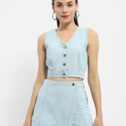 MADAME Light Blue Cotton Regular Fit Crop Top-image-67