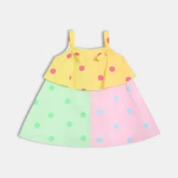 MINIKLUB Girls Yellow & Pink Cotton Sleeveless Polka Dots Printed Dress With Bloomer image 3