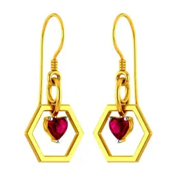 p.c. chandra jewellers BIS Hallmarked 22k Yellow Gold Hexagonal Drop Earrings with A Mini Red Heart for Women & Girls image 3