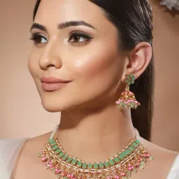 Priyaasi Studded Green & Pink Floral Block Beaded Gold-Plated Necklace Set-image-5