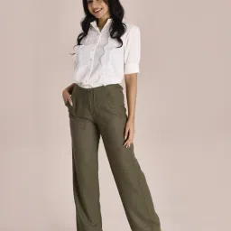 Go Colors! Green Linen Mid Rise Flared Pants image 3