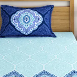 Dreamscape Ethnic Blue Cotton Single Fitted Bedsheet with 1 Pillow Cover image 3