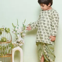 AJ Dezines Kids Green & White Printed Full Sleeves Kurta with Dhoti image 3