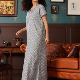 Clovia Grey Cotton Regular Fit Printed Nighties image 3