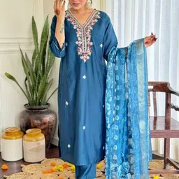 DIVASTRI Women Ethnic Motifs Sequinned Pure Cotton Kurta with Trousers & With Dupatta-image-13