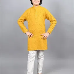 Ahhaaaa Kids Yellow & White Embellished Full Sleeves Kurta With Pyjamas-picture-8